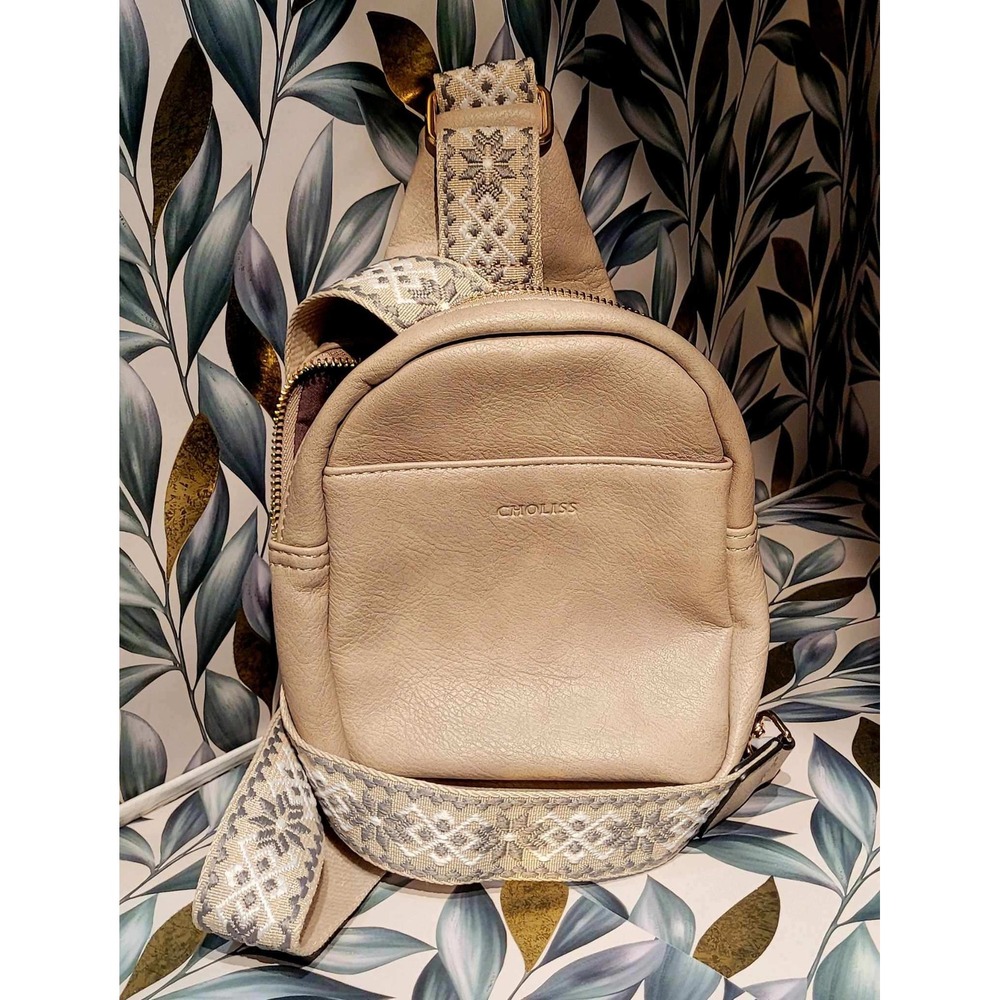 *RESCUE ANIMAL FUNDRAISER* Tan Vegan Leather Sling Bag Tan w/Woven Guitar Strap